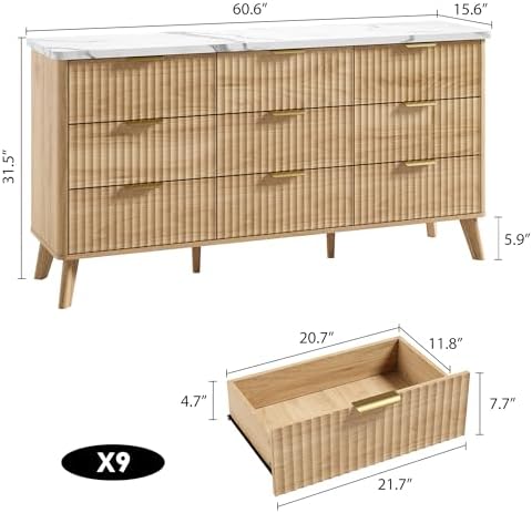 GarveeHome Fluted Dresser for Bedroom with 9 Deep Drawers, Natural Oak