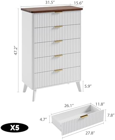 GarveeHome Fluted Dresser for Bedroom with 5 Deep Drawers, White
