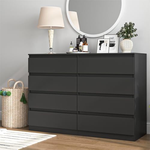 Black Dresser for Bedroom,Modern Large 8 Drawer Dresser with Deep Drawer,Wide Storage Chest of Drawer,Wood Bedroom Storage Organizer Furniture,TV Stand for Living Room