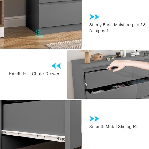 Vibe & Dine Grey Dressers for Bedroom, Double Dresser with 6 Drawers, Modern Chest of Drawers with Wide Storage for Closet, Bedroom, Living Room
