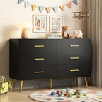 Black 6 Drawer Dresser for Bedroom, 47" Wood Dresser with Gold Handles.