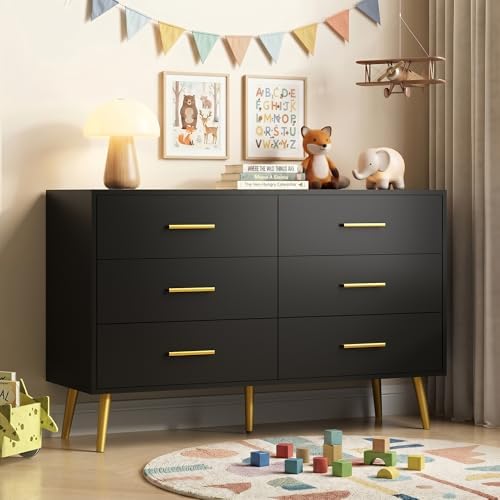 Black 6 Drawer Dresser for Bedroom, 47" Wood Dresser with Gold Handles.