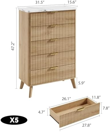 GarveeHome Fluted Dresser for Bedroom with 5 Deep Drawers, Natural Oak