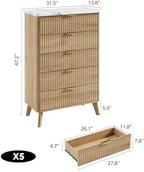 GarveeHome Fluted Dresser for Bedroom with 5 Deep Drawers, Natural Oak
