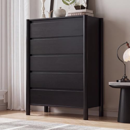 CHUWELL 45" Tall Black 5 Drawer Dresser for Bedroom with Solid Wood Legs