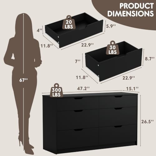 YESHOMY Black Dresser for Bedroom, 47.2" Modern Wood Chest with 6 Drawers