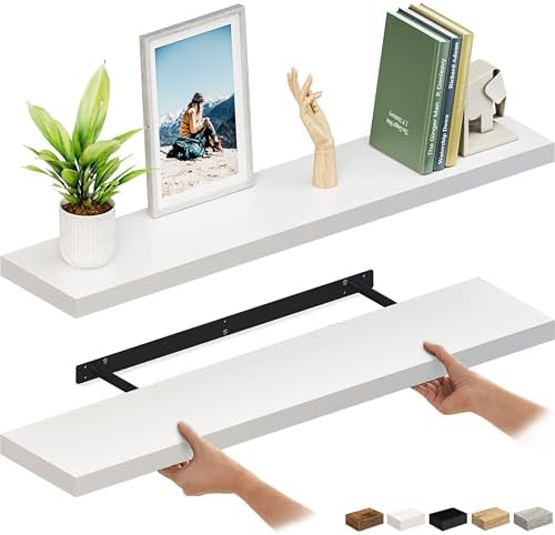 Ballucci Floating Shelves for Wall, 48" Wood Wall Shelf Set of 2, with Invisible Brackets for Bathroom, Living Room, Bedroom, Kitchen, Nursery, 8" Deep, White