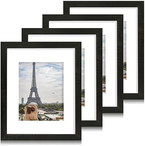 Hongkee 11x14 Picture Frame Set of 4, Made of Real Glass and Rustic Black Wooden Frame, Display 8x10 Pictures with Mat or 11 x 14 Posters without Mat for Wall Mounting, Gallery Photo Frames