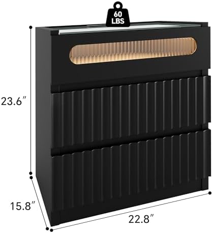 Modern Nightstand with Charging Station,Fluted 3 Drawers Bedside,Black