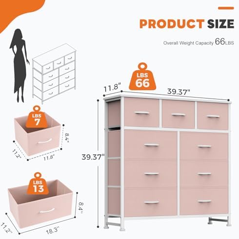 Sweetcrispy 9 Drawer Fabric Dresser Storage Tower Drawer Organizer, Pink