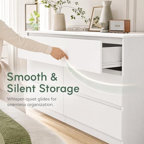 White 6 Drawer Dresser for Bedroom,Modern Deep Drawer Dresser with No-Handle Design,Wide Storage Chest of Drawers,Wood Bedroom Storage Organizer Furniture for Closet,Hallway