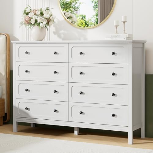 Tradare White Dresser for Bedroom, 8 Drawer Dresser with Metal Handles, 55" Wide Modern Dressers & Chest of Drawers for Living Room, Hallway, Entryway