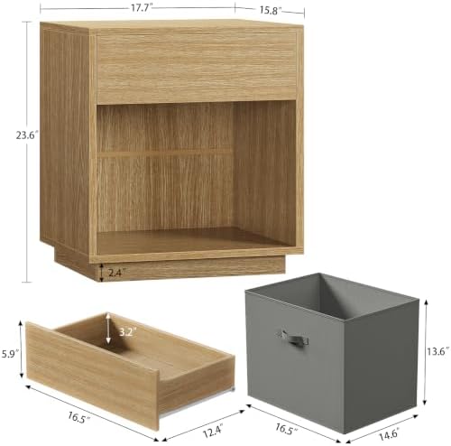TEENFON Nightstands Set of 2, Night Stand with Drawer and Open Shelf, Nightstands Bedside Table with Removable Fabric Drawer, Night Stands for Bedroom, Small Space, Natural