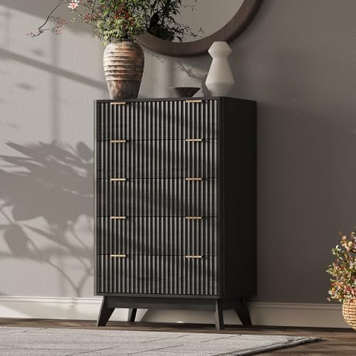 43" Hight Fluted 5 Drawers Dresser for Bedroom,Curved Edge,Black