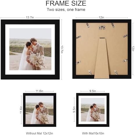 Hongkee 12x12 Picture Frame Set of 4 - Made of Glass and Black Wooden Frame, Display Square Pictures 10x10 with Mat or 12 x 12 without Mat, Desktop & Wall Collage Photo Frame