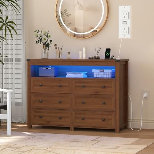 Wodeer Dresser 6 Drawer Dressers for Bedroom with LED Lights, Charging Station, Wood Chest of Drawers with Metal Handles, Modern TV Stand Storage Cabinet for Living Room, Hallway, Entryway, Walnut