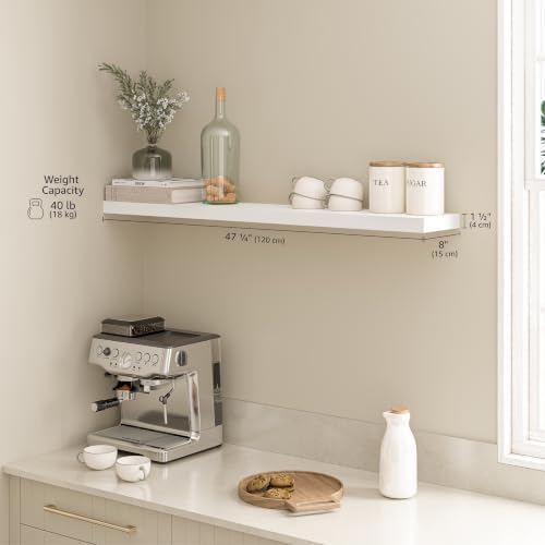 Ballucci Floating Shelf, 48" Wood Wall Shelf with Invisible Brackets for Bathroom, Living Room, Bedroom, Kitchen, Nursery, 8" Deep, White