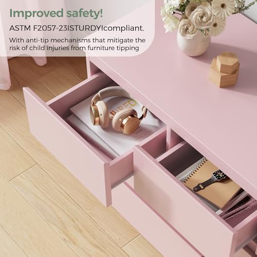 Modern 7 Drawer Dresser for Bedroom,Pink Wood Chest of Drawers,Closet Clothes Storage Organizer with Deep Drawers for Living Room Hallway Entryway,Nursery (15.3" D x 47.2" W x 32.3" H)