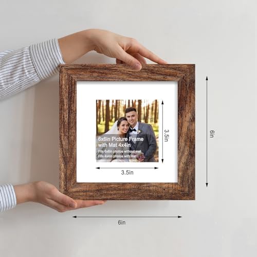 Hongkee 6x6 Picture Frame Set of 4, Made of Glass and Rustic Brown Wooden Frame - Display Picture 4x4 with Mat or 6 x 6 Without Mat, 6x6 Photo for Wall or Tabletop