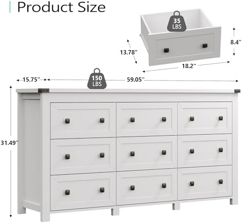 Xixini 59.1" Wide 9-Drawer Farmhouse Dresser for Bedroom, White
