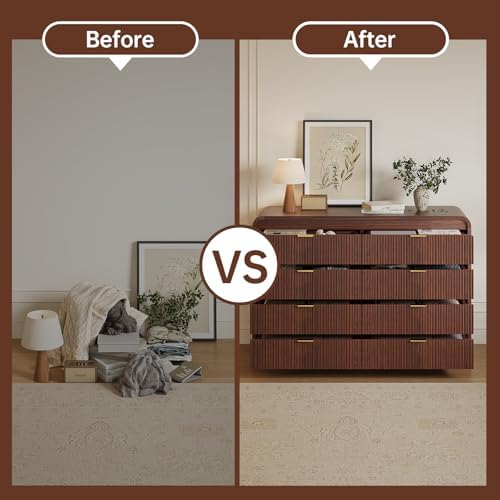 FURSUN Fluted 8 Drawers Dresser for Bedroom, 55" Wide Wooden Dresser with Metal Handle, Curved Profile Design, Modern Storage Organizer for Bedroom, Living Room, Hallway, Dark Walnut
