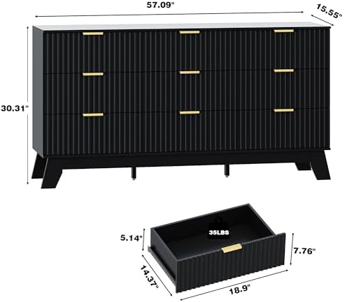 HUANLEGO Fluted Dresser for Bedroom with 9 Drawers, Black