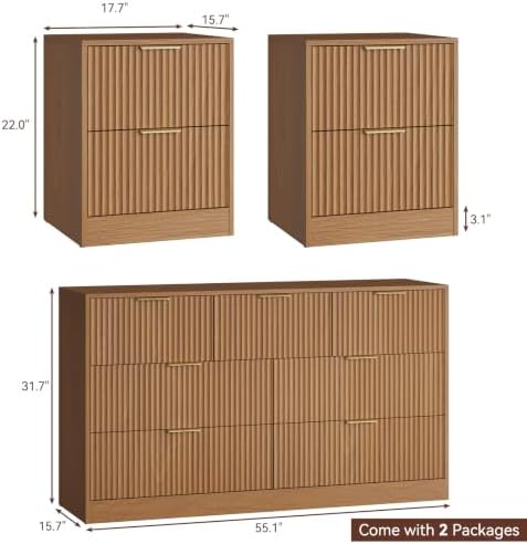 7 Drawer Dresser & 2-Drawer Nightstand Set 3-Piece, Natural Wood丨55 Wide Bedroom Set Night Stand Set of 2 with Metal Handle, Fluted Wood Chest of Drawers Storage Dressers Set for Bedroom
