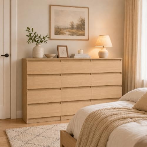12 Drawer Dresser for Bedroom,Modern Deep Drawer Dresser with No-Handle Design,Storage Wood Chest of Drawer,Storage Organizer Furniture for Closet,Hallway