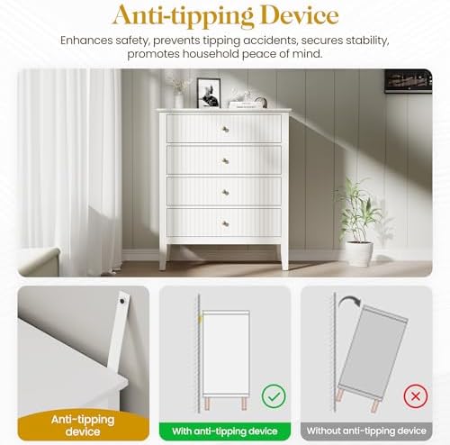 RoyalCraft White Fluted 4 Drawer Dresser for Bedroom, Modern Chest of Drawers, Wood Dresser for Storage Clothes, Wooden Storage Cabinet Nightstand for Bedroom, Hallway, Living Room, Entryway