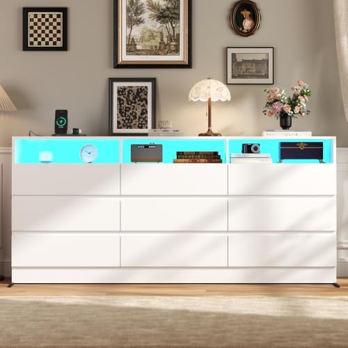 STIKELY Drawer Dresser for Bedroom with Power Outlet, Black Dressers with LED Light, Dresser Chest of Drawers for Closet,Wood Dressers Organizer Cabinet (White 9 Drawers)