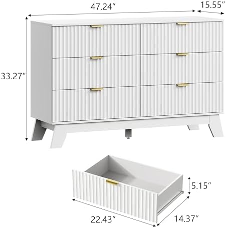 Wodeer 6 Drawer Fluted Dresser for Bedroom, Mid Century Modern Dresser with 6 Drawers, Dressers & Chests of Drawers with Metal Handle, TV Stand & Storage Organizer for Entryway, Hallway, White
