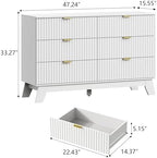 Wodeer 6 Drawer Fluted Dresser for Bedroom, Mid Century Modern Dresser with 6 Drawers, Dressers & Chests of Drawers with Metal Handle, TV Stand & Storage Organizer for Entryway, Hallway, White