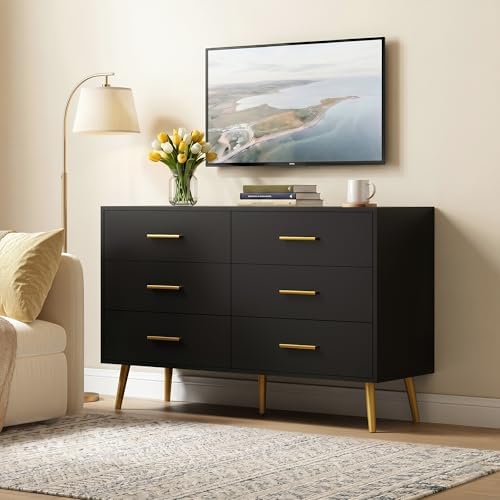 Black 6 Drawer Dresser for Bedroom, 47" Wood Dresser with Gold Handles.