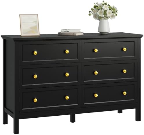 CARPETNAL 47" Black Dresser for Bedroom with Modern Gold Handles & 6 Drawer