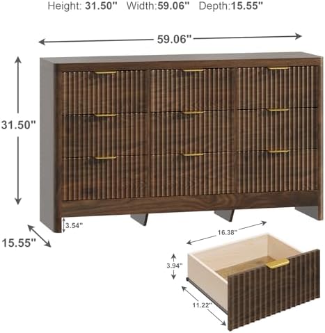 Fluted 9 Drawer Dresser for Bedroom, 59" Horizontal Wide Modern Low Profile Chest of Drawers with Metal Handle & Storage, Long Wooden Dresser TV Stand for Living Room & Closet, Walnut Brown Dresser