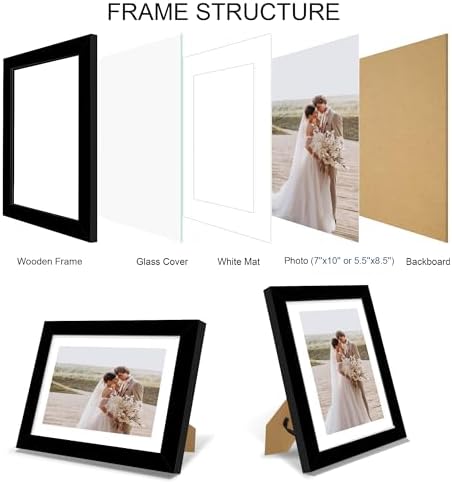 Hongkee 7x10 Picture Frame Set of 4, Made of Real Glass and Black Frame - Display 5.5 x 8.5 Diploma Frame with Mat or 7x10 Without Mat, 7 by 10 Photo for Wall or Tabletop