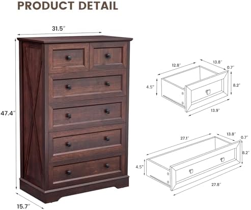 Farmhouse 6 Drawers Dresser Chests for Bedroom,Dark Cherry Red Wood Dresser