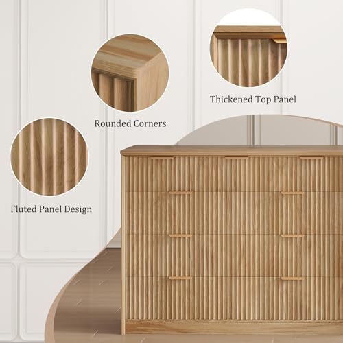 LYNCOHOME Fluted Tall Dresser for Bedroom, 9 Drawer Chest of Drawers, Oak