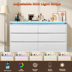 6 Drawer Dresser for Bedroom,47.24"Long White Chest of Drawers w/LED Lights