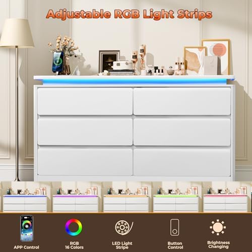 6 Drawer Dresser for Bedroom,47.24"Long White Chest of Drawers w/LED Lights