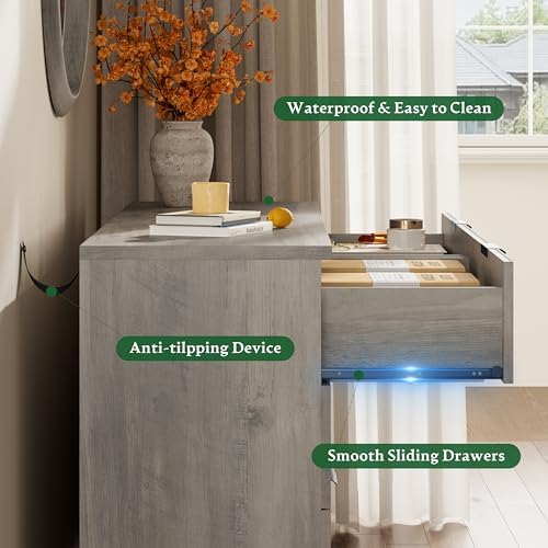 Xixini Fluted Dresser with 6 Drawers, 54" Wide Modern Chest of Drawers with Metal Handle, Wooden Dresser TV Stand, Wood Closet Clothes Storage Organizer for Bedroom, Living Room, Hallway, Light Grey
