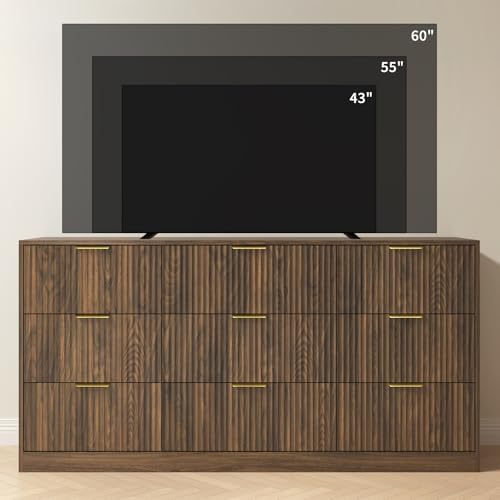 Walnut Dresser with 9 Drawer 63" Wide Fluted Dresser for Bedroom丨Long Dresser Modern Chest of Drawers with Gold Handle, Wood TV Stand Storage Organizer for Bedroom, Living Room, Walnut