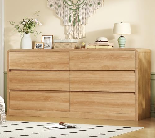 TEENFON 55" Dresser for Bedroom with 6 Drawers, Dressers & Chests of Drawers with Curved Profile Design, 6 Drawer Dresser, Bedroom Dressers, Wood Dressers for Bedroom, Hallway, Natural