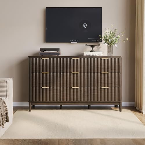 LINSY Fluted 9 Drawer Dresser for Bedroom, 58" Wide Mid-Century Modern Tall Chest of Drawers, Deep Storage Dresser with Curved Corner Design, Large Accent Wood Cabinet for Bedroom, Walnut