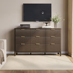 LINSY Fluted 9 Drawer Dresser for Bedroom, 58" Wide Mid-Century Modern Tall Chest of Drawers, Deep Storage Dresser with Curved Corner Design, Large Accent Wood Cabinet for Bedroom, Walnut