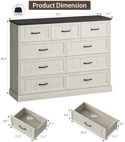 Farmhouse 9 Drawer Dresser for Bedroom, 55" White Dresser with TV Stand
