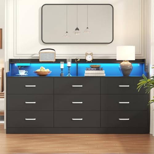 Bigbiglife 9 Drawer Dresser with Built in Power Outlet and LED Light, Modern Chest of Drawers for Bedroom, Triple Wide Drawer Organizer Cabinet for Living Room, Entryway, Hallway, Black