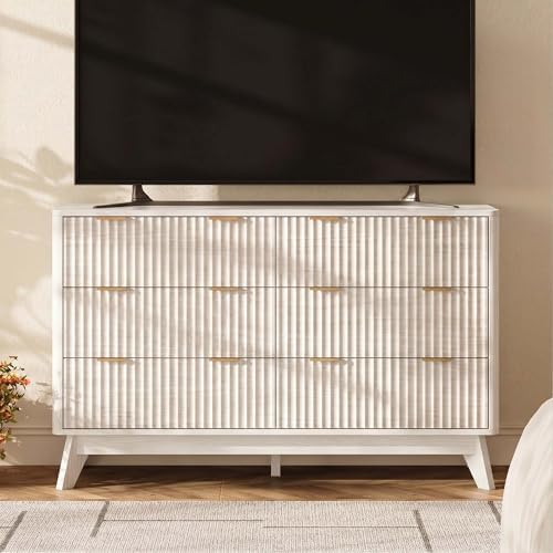 47" Wide Fluted 6 Drawers Dresser for Bedroom,Curved Edge,White