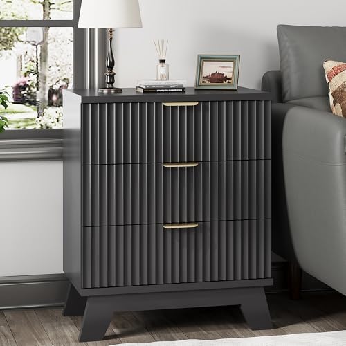 Xixini Fluted Nightstand with 3 Drawers, 24" Wide Side Table, Black