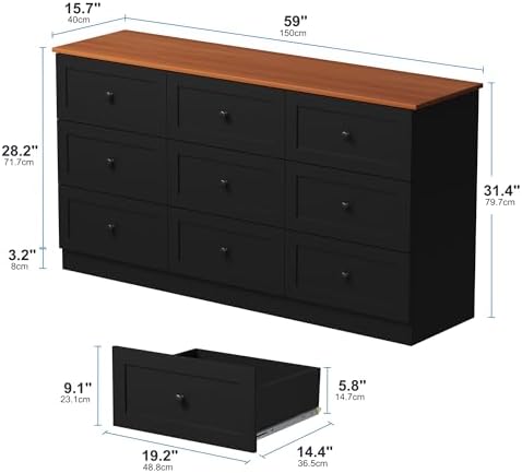 Furnify 9 Drawer Dresser, 59" Wide Dresser for Bedroom, Black